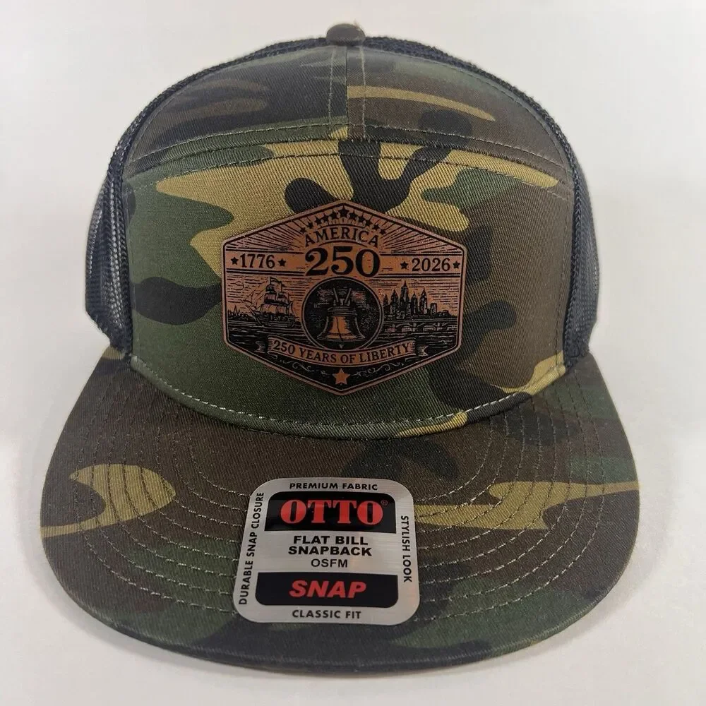 America 250 Liberty Bell Leather Patch Otto Cap Camo 7 Panel Trucker Hat NWT